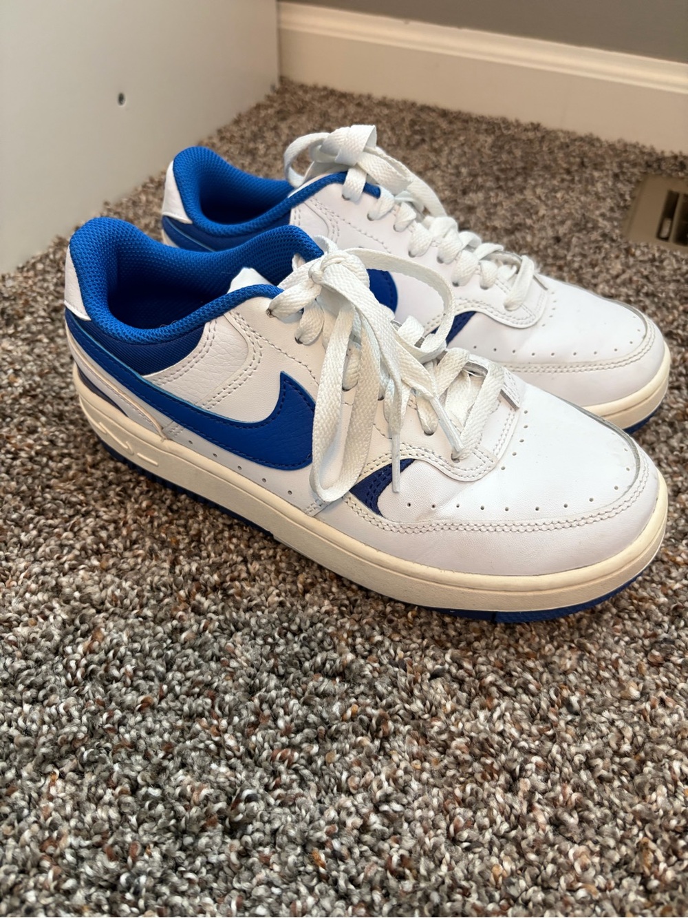 Nike Women’s White and Blue Low-Top Sneakers with Blue Swoosh
